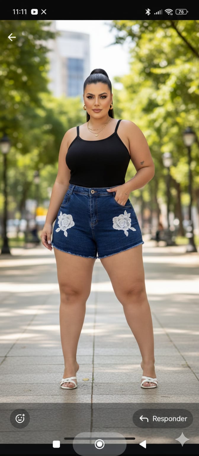 Short Plus Size Jeans com Rosa Branca